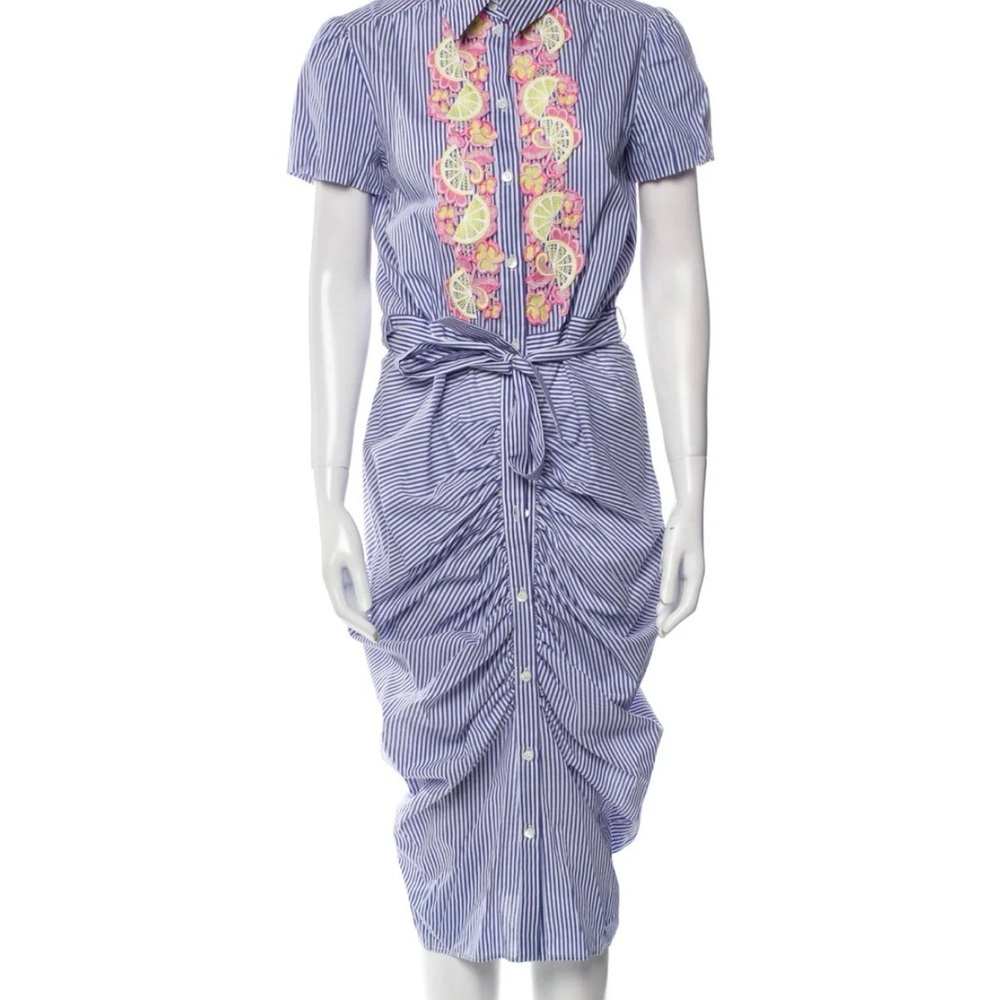 Moschino Blue and White Striped Midi Dress with Floral Embroidered Placket